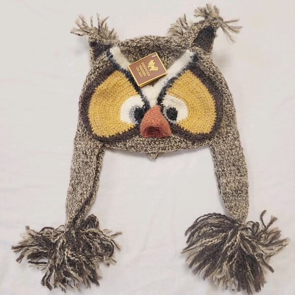 Peruvian Trading Company Hat Knit Owl Ear Flap Pom Pom Handmade Peru Cozy New - Picture 2 of 12